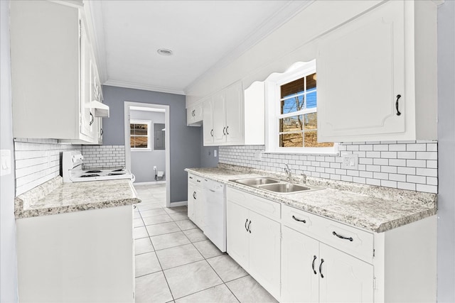 kitchen featuring white cabinetry, sink, ornamental molding, light tile patterned floors, and white appliances