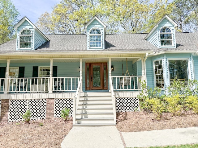 cape cod house with a porch and a shingled roof