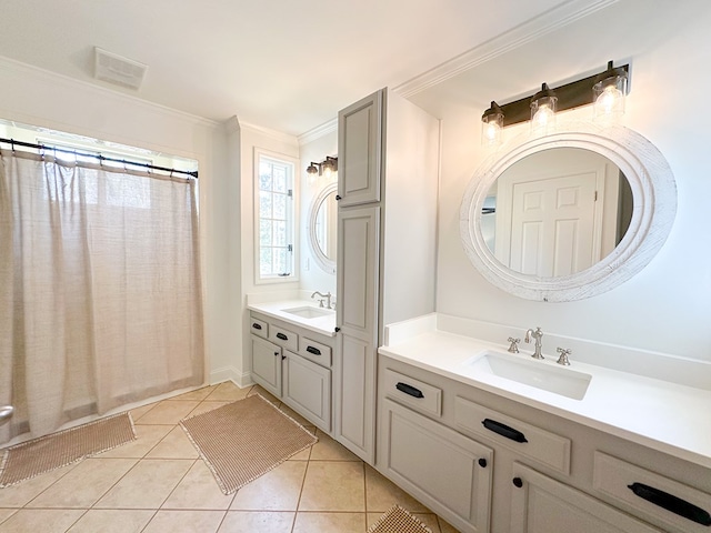 full bath with crown molding, vanity, tile patterned flooring, and curtained shower
