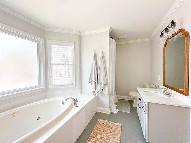 full bathroom featuring vanity, ornamental molding, tile patterned flooring, toilet, and a whirlpool tub