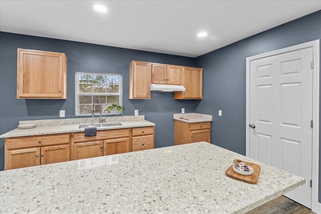 kitchen featuring light stone countertops, sink, and light brown cabinetry