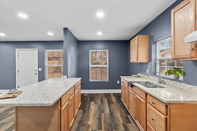 kitchen with dark wood-type flooring, light stone counters, sink, and a kitchen island