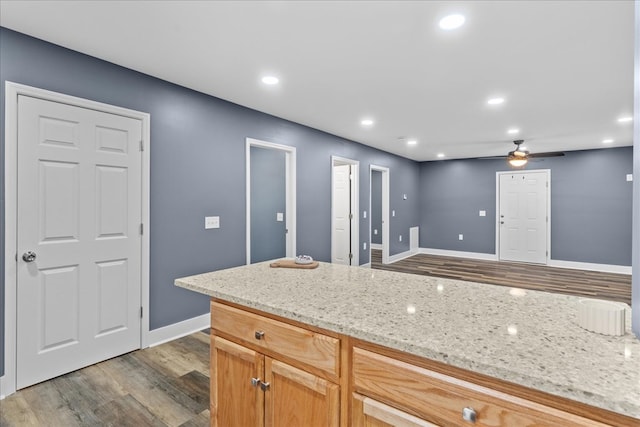 kitchen with ceiling fan, dark hardwood / wood-style floors, and light stone counters