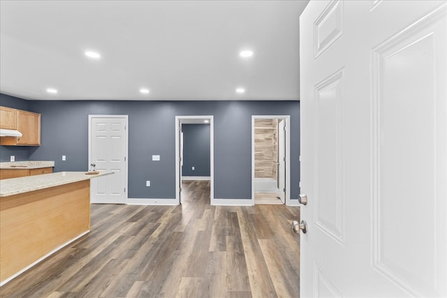 kitchen featuring light stone countertops and dark hardwood / wood-style floors