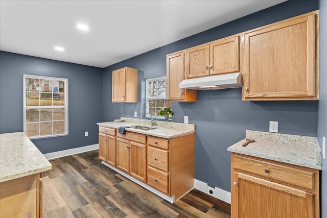 kitchen featuring dark hardwood / wood-style flooring, sink, light stone counters, and light brown cabinets