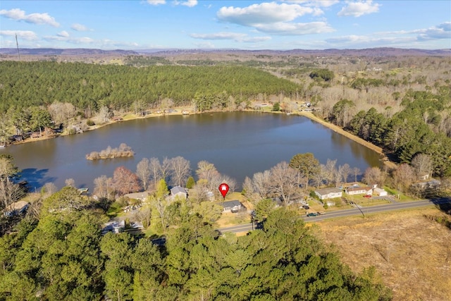 birds eye view of property featuring a water view and a wooded view