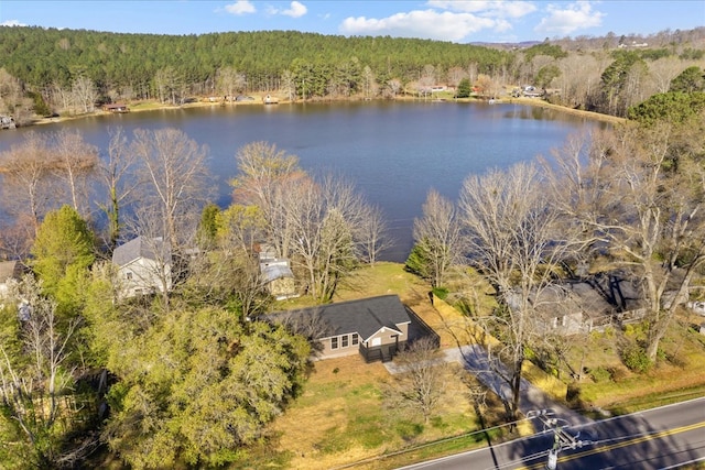 bird's eye view with a wooded view and a water view
