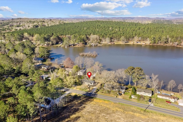 birds eye view of property featuring a water view and a forest view