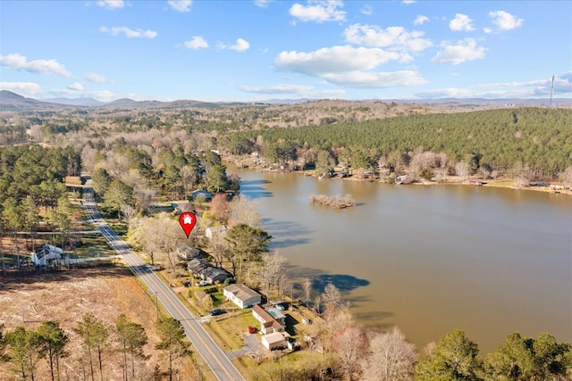 bird's eye view featuring a wooded view and a water view
