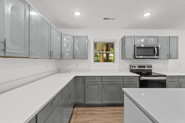 54 Austin Dr, Rossville, GA 30741 - kitchen with appliances with stainless steel finishes, gray cabinets, light wood-style floors, light countertops, and recessed lighting