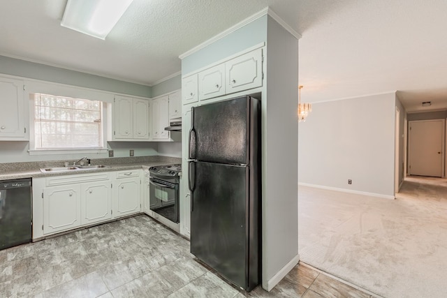 kitchen with decorative light fixtures, sink, white cabinets, ornamental molding, and black appliances