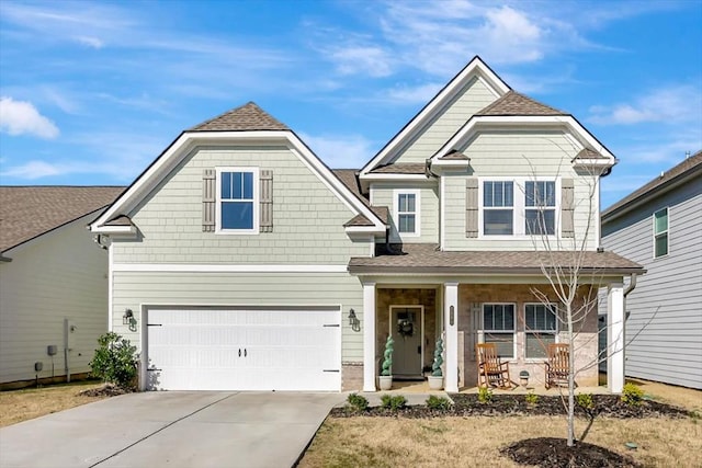 craftsman-style house with driveway, a porch, a shingled roof, and a garage