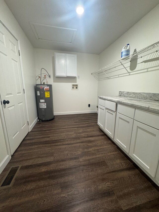 408 Ridgecrest Dr, Lafayette, GA 30728 - laundry area with water heater, washer hookup, dark wood-style floors, cabinet space, and hookup for an electric dryer