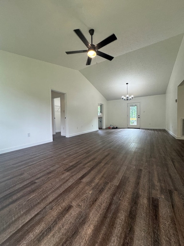 408 Ridgecrest Dr, Lafayette, GA 30728 - unfurnished living room with a chandelier, lofted ceiling, dark wood-style flooring, baseboards, and ceiling fan