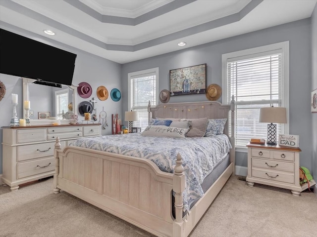 1000 Robin Way, Rocky Face, GA 30740 - bedroom with light carpet, ornamental molding, a tray ceiling, recessed lighting, and baseboards