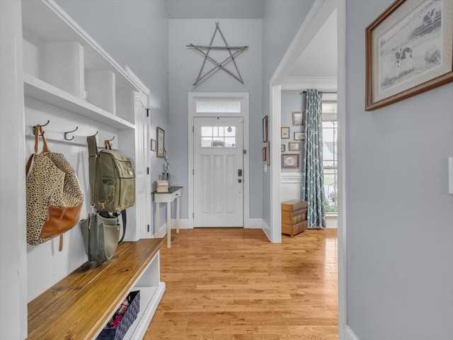 1000 Robin Way, Rocky Face, GA 30740 - mudroom with light wood finished floors, baseboards, a towering ceiling, and crown molding