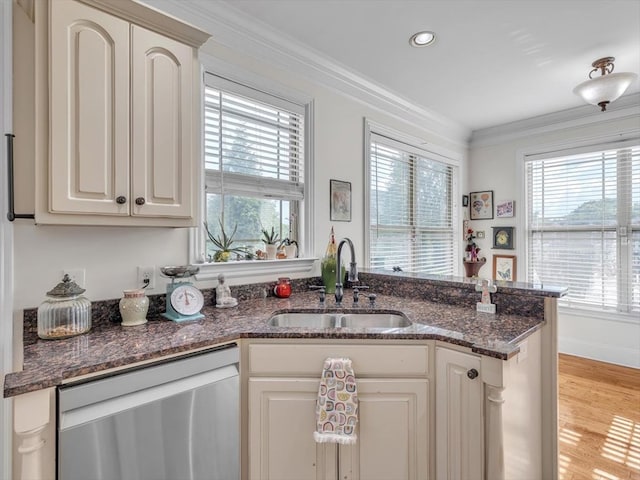 1000 Robin Way, Rocky Face, GA 30740 - kitchen featuring stainless steel dishwasher, a sink, plenty of natural light, crown molding, and dark stone counters