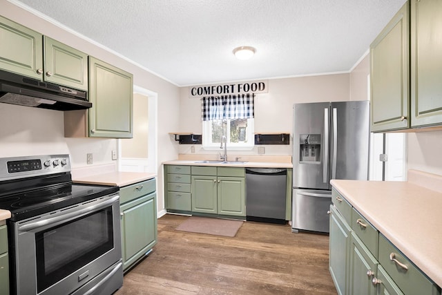 kitchen featuring green cabinets, appliances with stainless steel finishes, light hardwood / wood-style floors, and sink