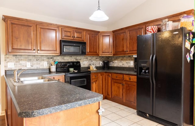 kitchen featuring decorative light fixtures, tasteful backsplash, lofted ceiling, sink, and black appliances