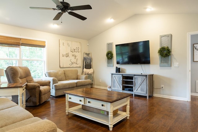 living room featuring ceiling fan, dark hardwood / wood-style floors, and vaulted ceiling