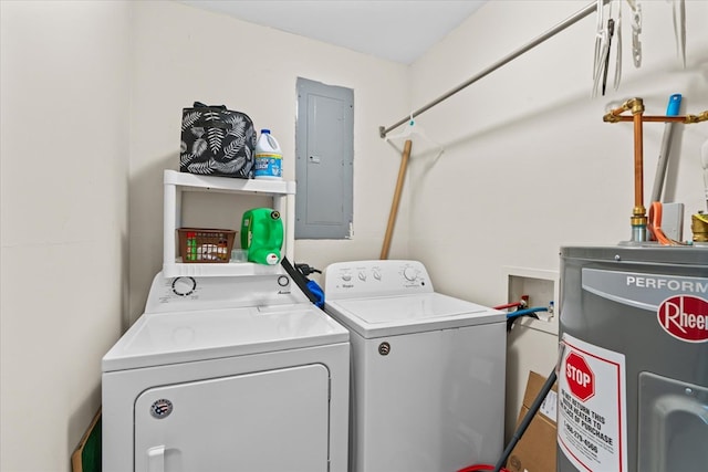 washroom with independent washer and dryer, electric panel, and electric water heater