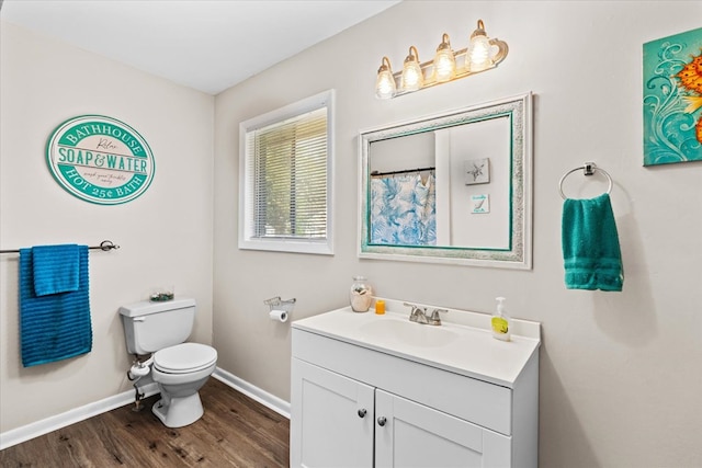 bathroom with vanity, toilet, and wood-type flooring