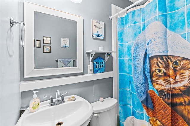 bathroom featuring sink, a shower with shower curtain, and toilet