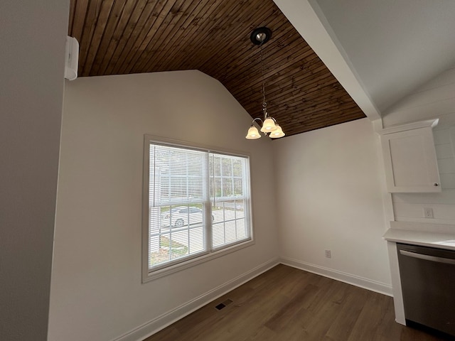 301 Shady Dr, Dalton, GA 30721 - unfurnished dining area featuring vaulted ceiling, a chandelier, dark wood-style flooring, and wooden ceiling