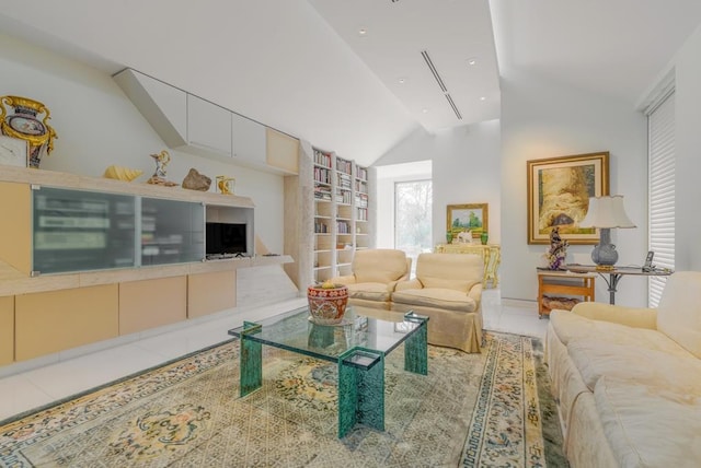 living room featuring lofted ceiling