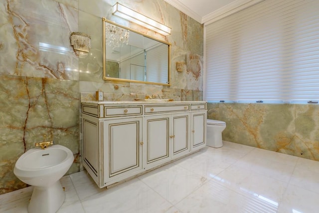 bathroom with toilet, tile walls, a bidet, ornamental molding, and vanity