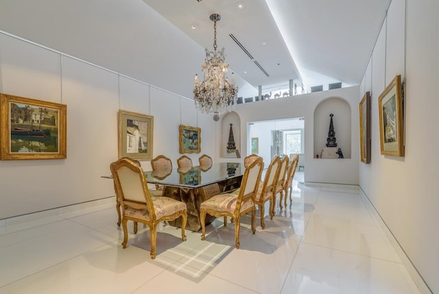 dining room with a notable chandelier, light tile patterned floors, and high vaulted ceiling