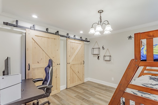 1900 Meadowbrook Cir, Dalton, GA 30720 - bedroom featuring a barn door, ornamental molding, light wood-type flooring, baseboards, and an office area