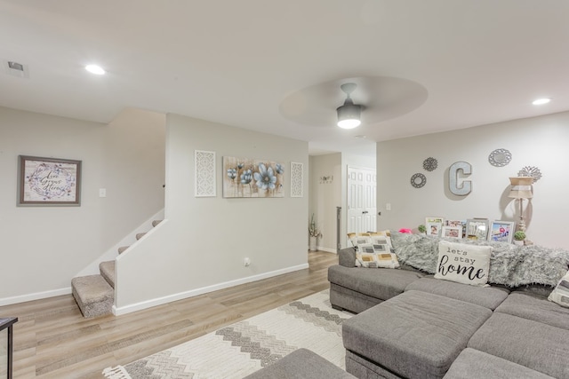 1900 Meadowbrook Cir, Dalton, GA 30720 - living area featuring wood finished floors, baseboards, stairway, a ceiling fan, and recessed lighting