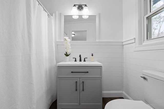 bathroom with toilet, vanity, and wood finished floors