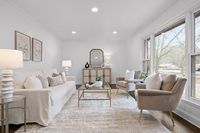 living area featuring ornamental molding, wood finished floors, recessed lighting, and baseboards