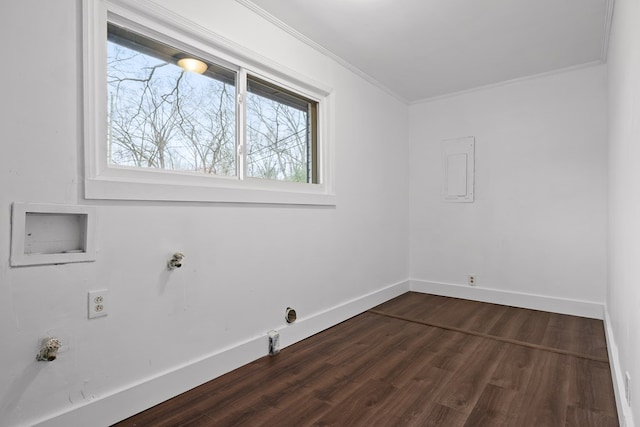 laundry area featuring hookup for a gas dryer, ornamental molding, baseboards, dark wood-style floors, and washer hookup