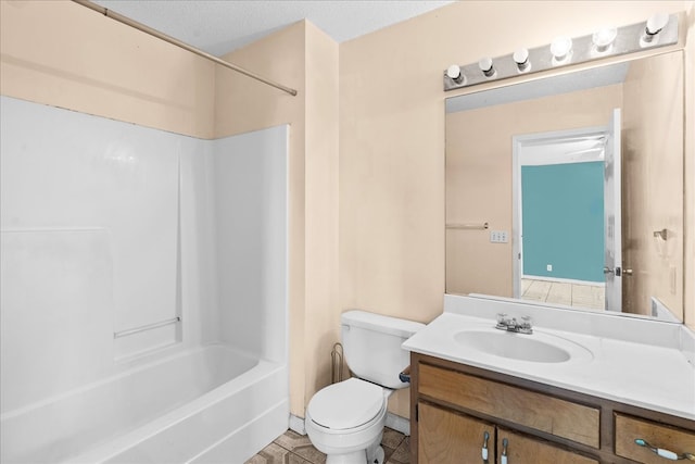 full bathroom featuring shower / bathtub combination, vanity, toilet, and a textured ceiling