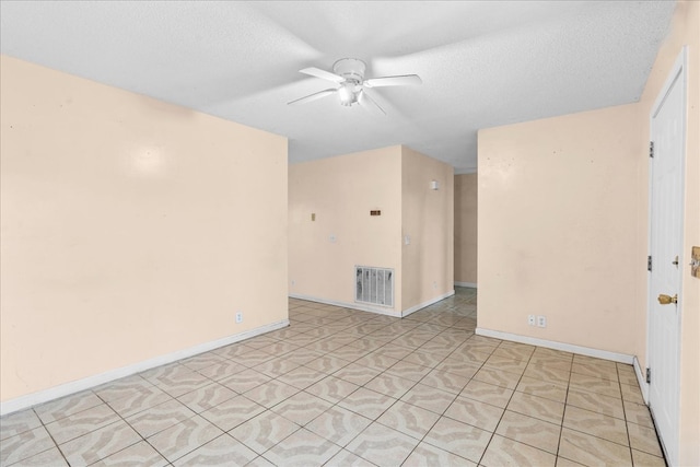 unfurnished room with ceiling fan and a textured ceiling