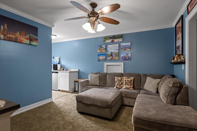 604 Lenna Ln, Dalton, GA 30720 - carpeted living room with ceiling fan, ornamental molding, and baseboards