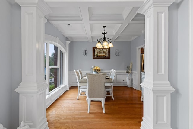 604 Lenna Ln, Dalton, GA 30720 - dining room with decorative columns, a chandelier, light wood finished floors, beam ceiling, and coffered ceiling