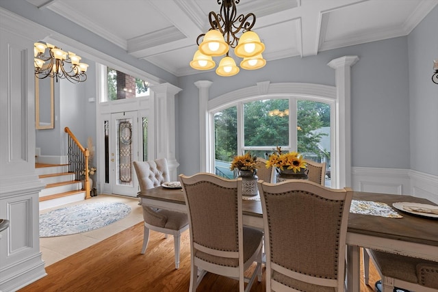 604 Lenna Ln, Dalton, GA 30720 - dining space featuring a chandelier, decorative columns, coffered ceiling, beamed ceiling, and ornamental molding