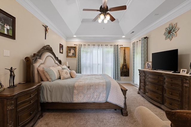 604 Lenna Ln, Dalton, GA 30720 - bedroom with crown molding, light colored carpet, a tray ceiling, recessed lighting, and a ceiling fan