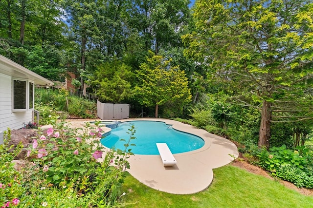 2219 Rocky Face Cir, Dalton, GA 30740 - view of swimming pool featuring a diving board, a pool with connected hot tub, a patio, and view of wooded area