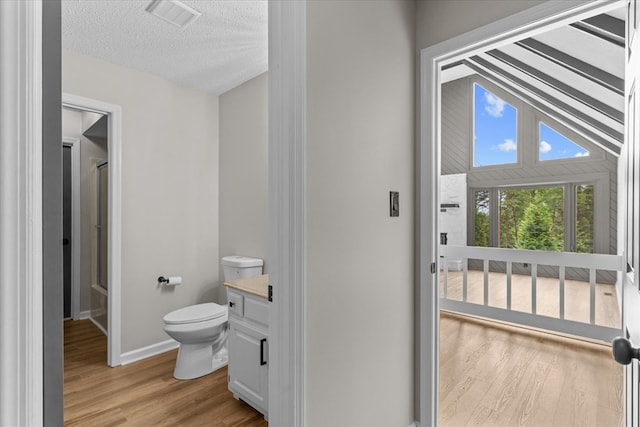2219 Rocky Face Cir, Dalton, GA 30740 - bathroom with a shower with door, wood finished floors, vanity, and a textured ceiling