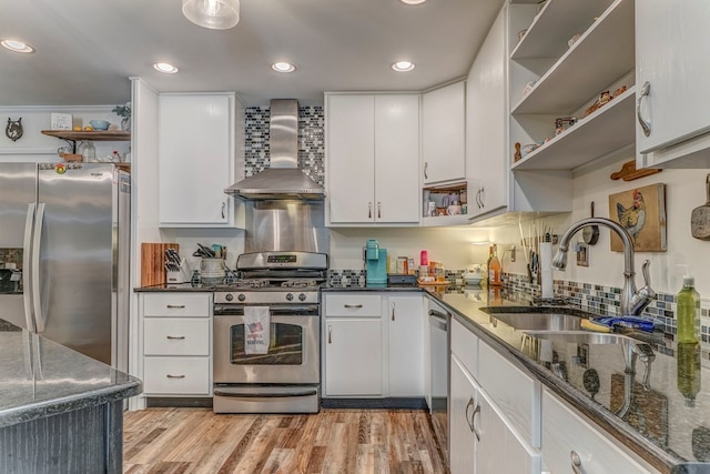 201 Tibbs Rd, Dalton, GA 30720 - kitchen featuring open shelves, stainless steel appliances, wall chimney exhaust hood, a sink, and recessed lighting