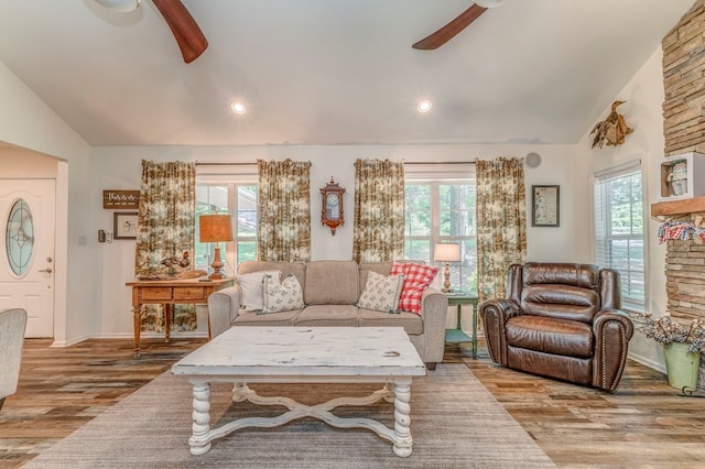 201 Tibbs Rd, Dalton, GA 30720 - living room featuring a ceiling fan, vaulted ceiling, healthy amount of natural light, wood finished floors, and recessed lighting