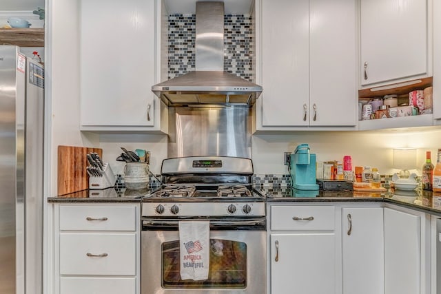 201 Tibbs Rd, Dalton, GA 30720 - kitchen with stainless steel appliances, wall chimney exhaust hood, backsplash, and white cabinetry