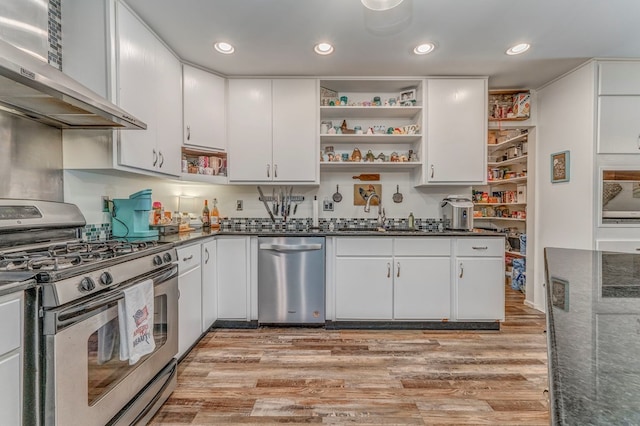 201 Tibbs Rd, Dalton, GA 30720 - kitchen featuring stainless steel appliances, open shelves, wall chimney exhaust hood, a sink, and light wood-style flooring