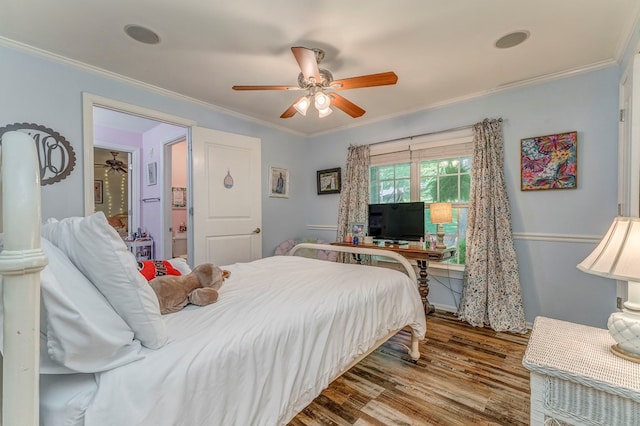 201 Tibbs Rd, Dalton, GA 30720 - bedroom with wood finished floors, ornamental molding, and a ceiling fan