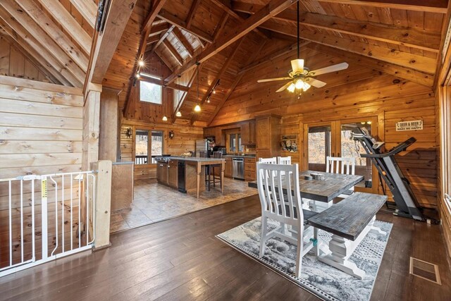 bedroom with lofted ceiling with beams, wood-type flooring, wood ceiling, and wood walls